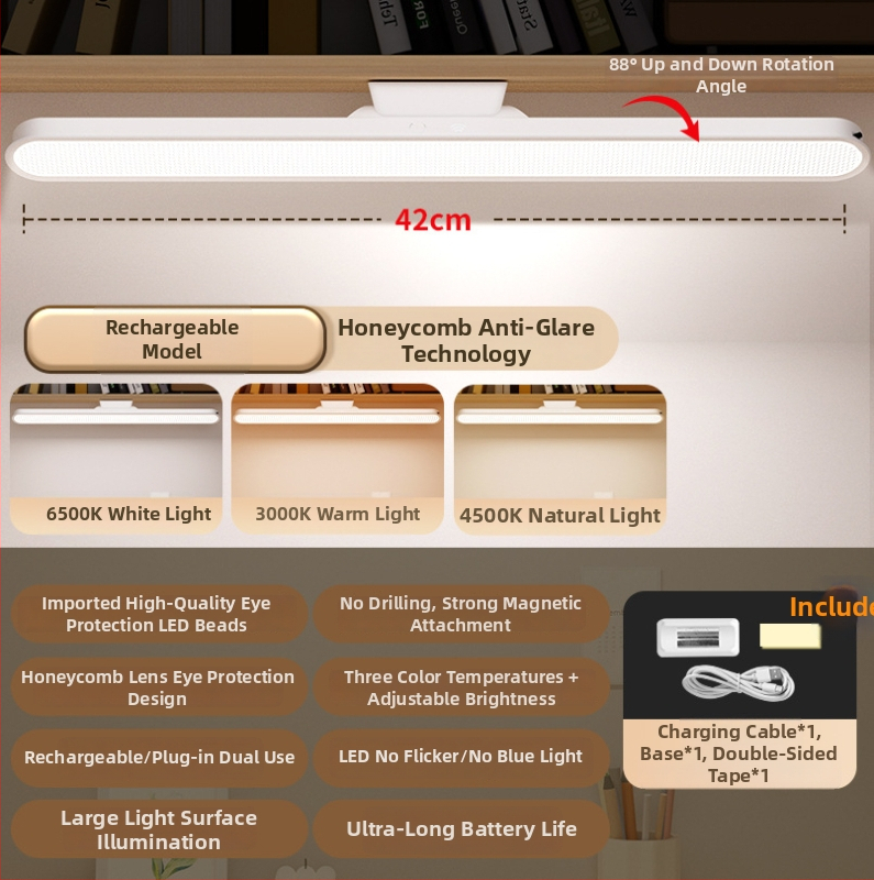 Stolna lampa s zaštitom očiju za učenike, akrilna noćna lampica, punjiva, dodirni prekidač, CRI ≥90