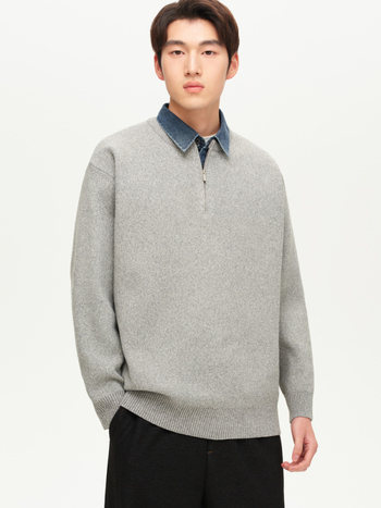 Muški debeli pleteni pulover s ovratnikom tipa lapel i polu-zipom, 66–70% vuna, poliester vlakna