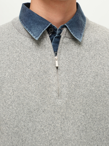 Muški debeli pleteni pulover s ovratnikom tipa lapel i polu-zipom, 66–70% vuna, poliester vlakna