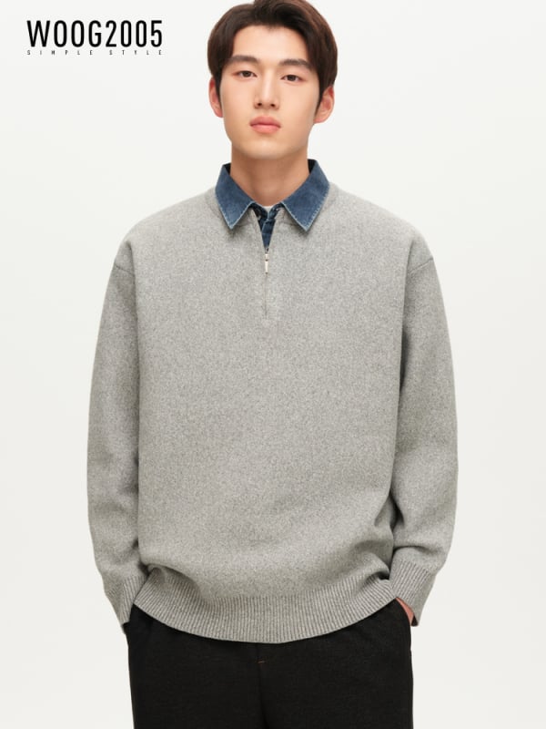 Muški debeli pleteni pulover s ovratnikom tipa lapel i polu-zipom, 66–70% vuna, poliester vlakna