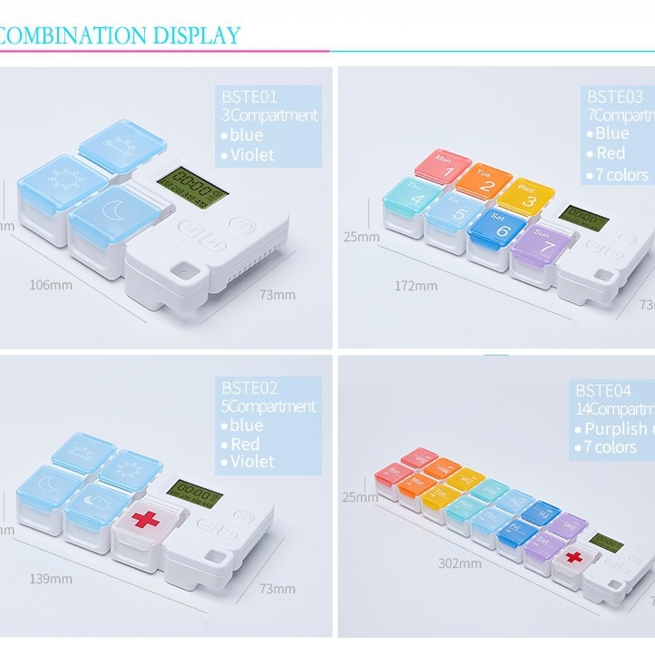 Kutija za tablete s podijeljenim pretincima i digitalnim vremenskim podsjetnikom, prijenosna (Model BSTE00, PP plastika)