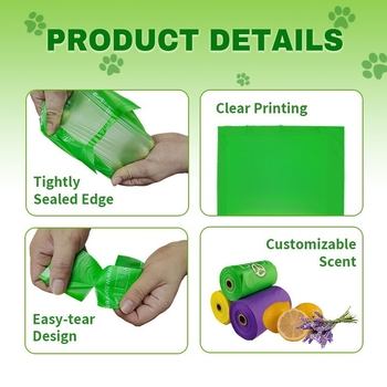 Pungi pentru gunoi de animale de companie, tip role, material biodegradabil pe bază de amidon, PE, ambalaj și imprimare personalizabile, origine: Nanjing