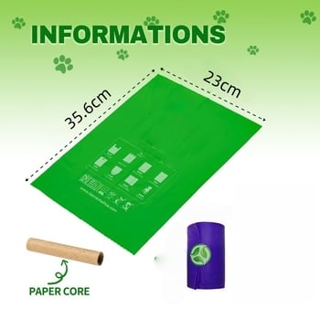 Pungi pentru gunoi de animale de companie, tip role, material biodegradabil pe bază de amidon, PE, ambalaj și imprimare personalizabile, origine: Nanjing