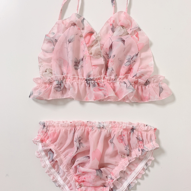 Set grudnjaka s trokutastim košaricama, tanko oblikovani košarice, prozračan materijal od chiffona, fiksni dvostruki remeni