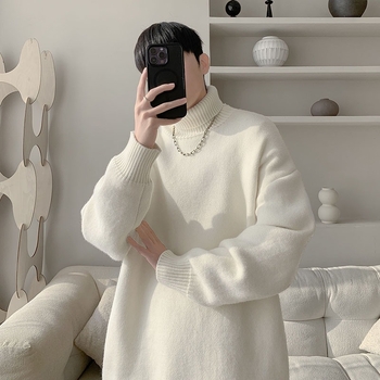 Мъжки пуловер с конверируема висока яка, подплатен с флис, дълги ръкави, прилягащ стил за ежедневието