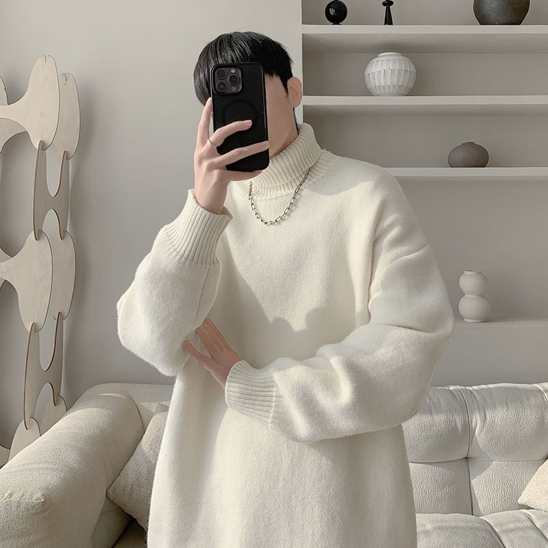 Мъжки пуловер с конверируема висока яка, подплатен с флис, дълги ръкави, прилягащ стил за ежедневието