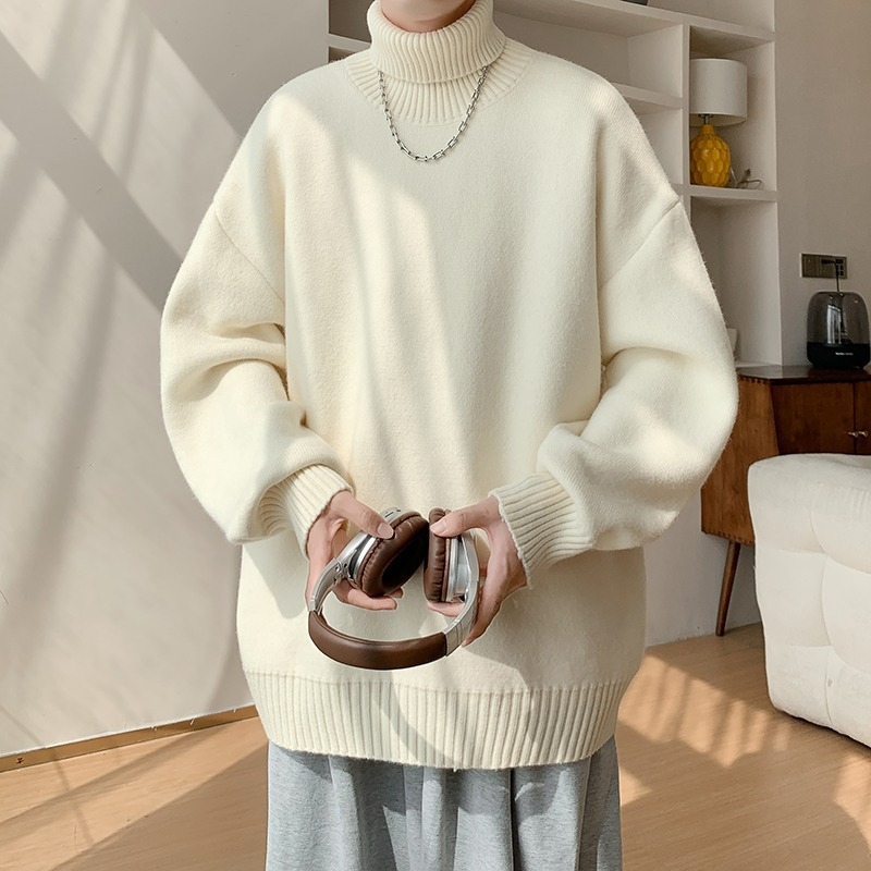 Мъжки пуловер с конверируема висока яка, подплатен с флис, дълги ръкави, прилягащ стил за ежедневието