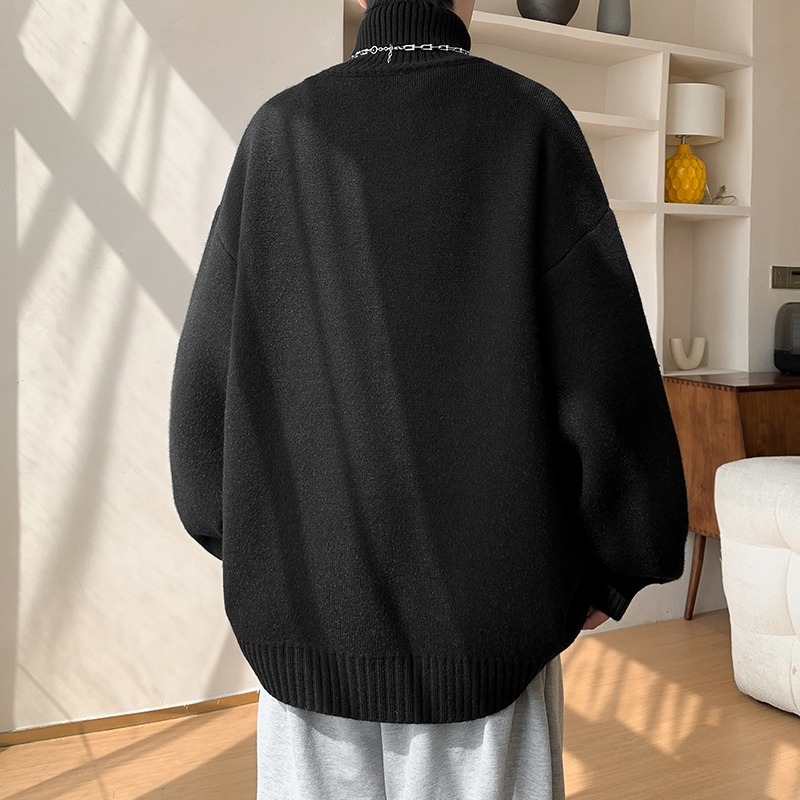 Мъжки пуловер с конверируема висока яка, подплатен с флис, дълги ръкави, прилягащ стил за ежедневието