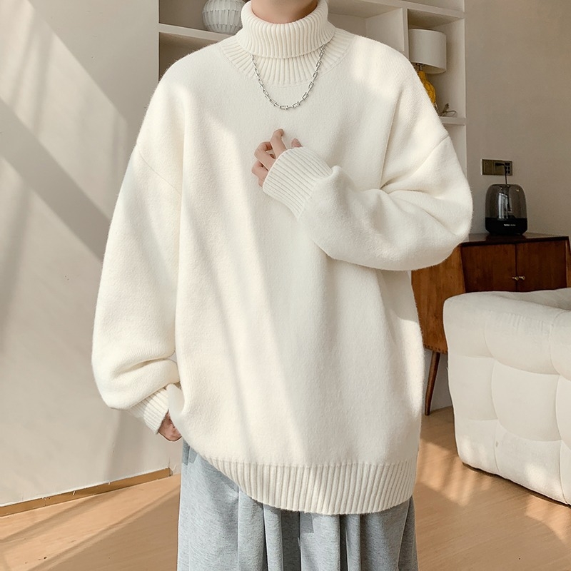 Мъжки пуловер с конверируема висока яка, подплатен с флис, дълги ръкави, прилягащ стил за ежедневието