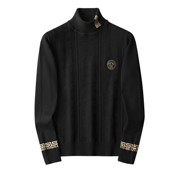 Pulover bărbătesc din lână cu guler convertibil, croială Slim, amestec din păr de cămilă 66–70% și broderie velur Mink