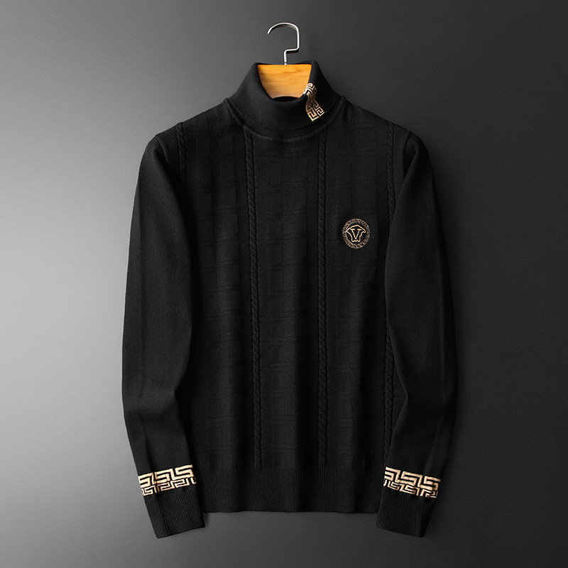 Pulover bărbătesc din lână cu guler convertibil, croială Slim, amestec din păr de cămilă 66–70% și broderie velur Mink