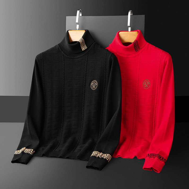 Pulover bărbătesc din lână cu guler convertibil, croială Slim, amestec din păr de cămilă 66–70% și broderie velur Mink