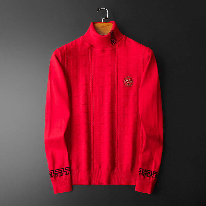 Pulover bărbătesc din lână cu guler convertibil, croială Slim, amestec din păr de cămilă 66–70% și broderie velur Mink