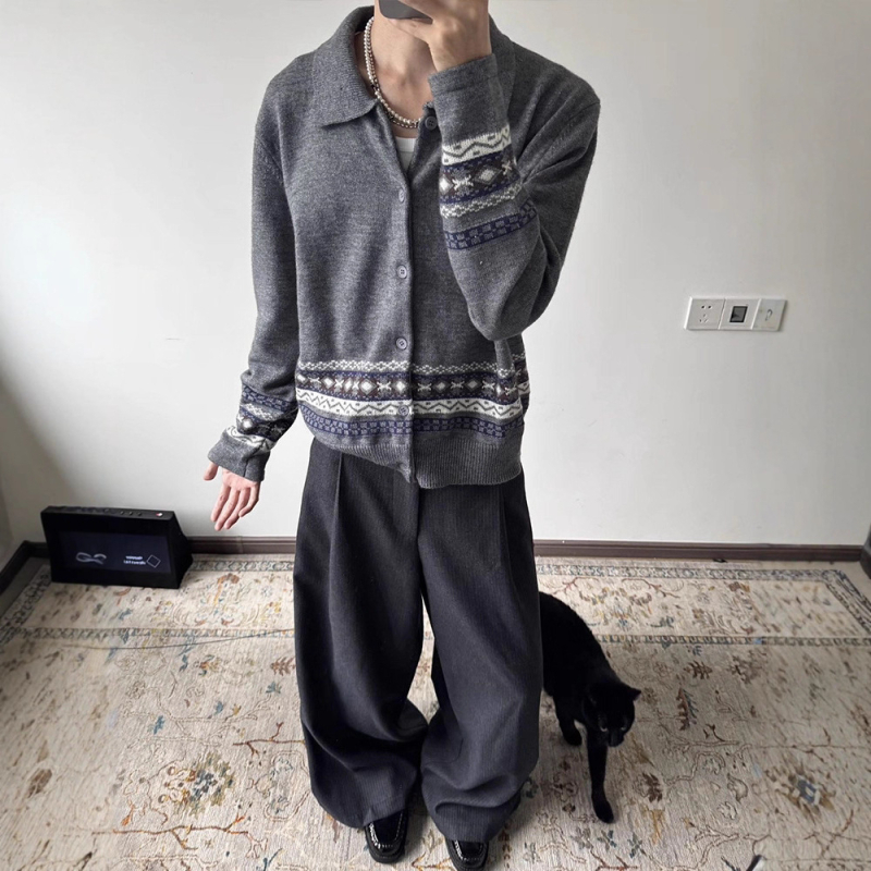 Muški pleteni kardigan s jacquardom Fair Isle, američki retro stil, opuštena kroj, jesen