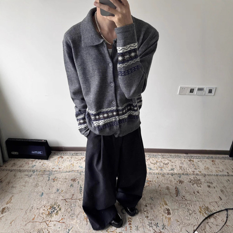 Muški pleteni kardigan s jacquardom Fair Isle, američki retro stil, opuštena kroj, jesen