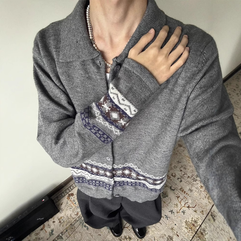 Muški pleteni kardigan s jacquardom Fair Isle, američki retro stil, opuštena kroj, jesen