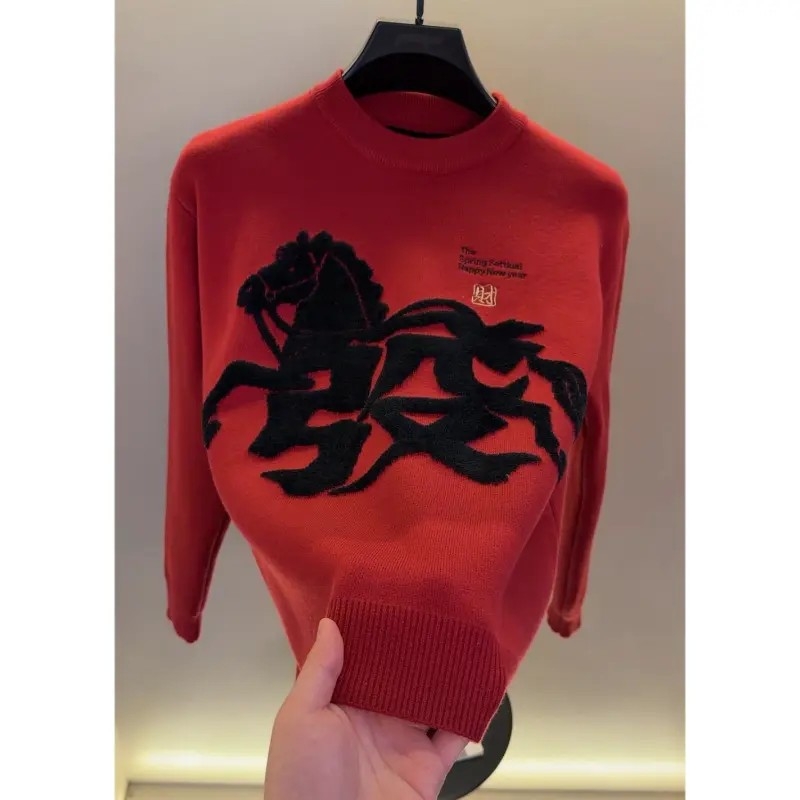 Muški crveni pleteni džemper s okruglim izrezom za zimu, urban stil, slim kroj
