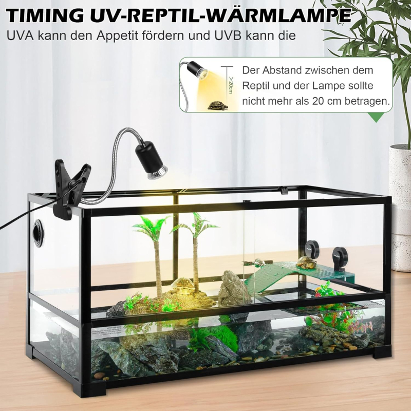 UVB лампа за гущери и костенурки с автоматичен таймер, нагряване и калциева добавка, метал+ABS, 25–150W