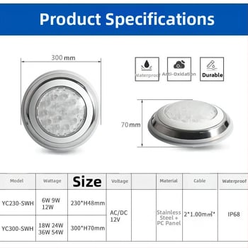 Podvodno svjetlo za bazen, kućište od nehrđajućeg čelika, IP68, ulaz DC12/24V, DMX512/DALI prigušivanje, 12–18 LED dioda