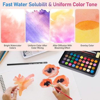 Σετ ακουαρέλ 36 χρωμάτων σε μεταλλικό κουτί, κατάλληλο για μαθητές, με γραφική πένα με μελάνι, φορητό σετ ζωγραφικής, περιλαμβάνει βελούδινο σάκο και ματ σακούλα PE