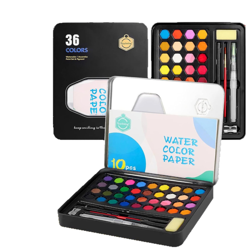 Σετ ακουαρέλ 36 χρωμάτων σε μεταλλικό κουτί, κατάλληλο για μαθητές, με γραφική πένα με μελάνι, φορητό σετ ζωγραφικής, περιλαμβάνει βελούδινο σάκο και ματ σακούλα PE