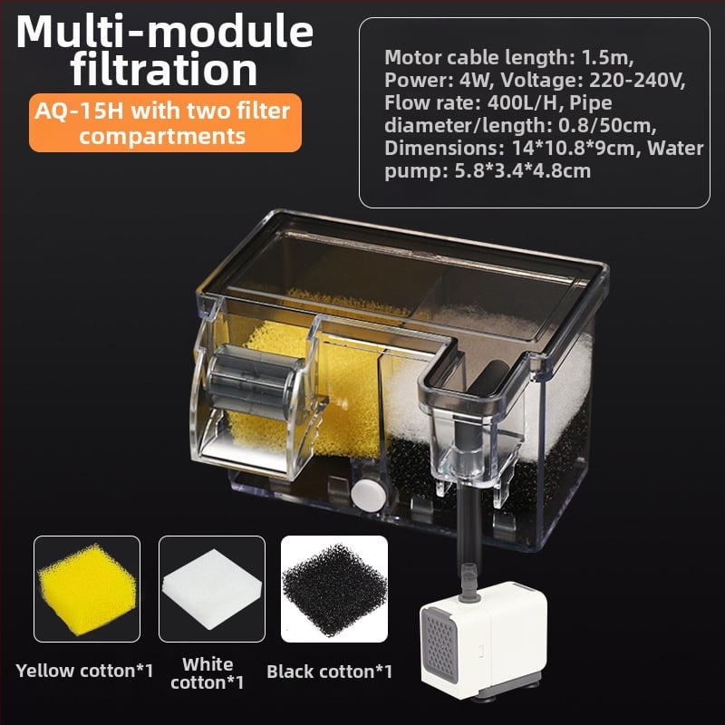 Аквариумен висящ филтр Songbao — три в едно филтриране и аериране, безшумна водна помпа, стенен монтаж, пластмаса, 1 кг