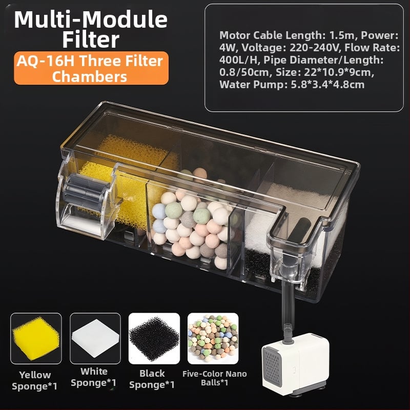Аквариумен висящ филтр Songbao — три в едно филтриране и аериране, безшумна водна помпа, стенен монтаж, пластмаса, 1 кг