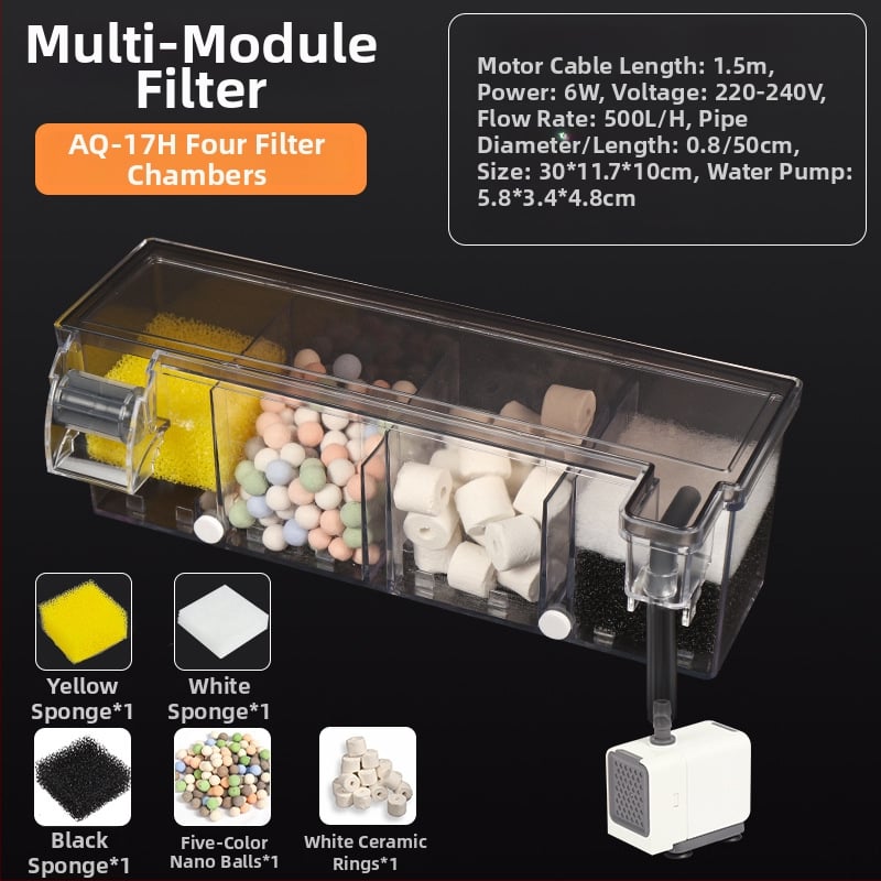 Аквариумен висящ филтр Songbao — три в едно филтриране и аериране, безшумна водна помпа, стенен монтаж, пластмаса, 1 кг