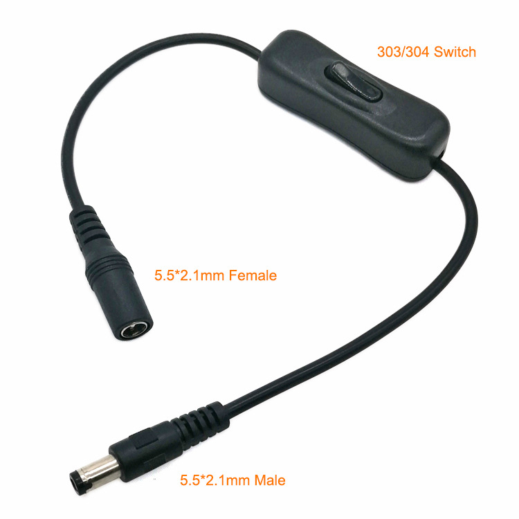 Превключвател за захранващ кабел 5521 с DC мъжки и женски жак и бутон в средата за LED лента на аквариум – 22 AWG, 5 Ω съпротивление