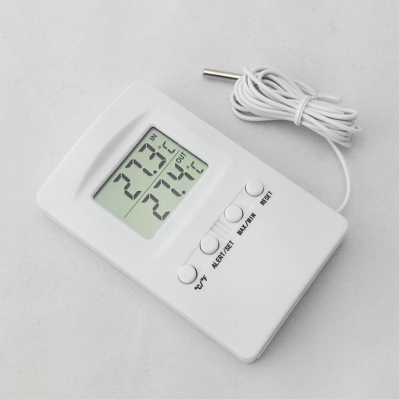 Unutarnji digitalni termometar za hladnjak s dvostrukim senzorima temperature — Rezolucija 0,1°C, uklјučena sonda, mogućnost prilagodbe obrade
