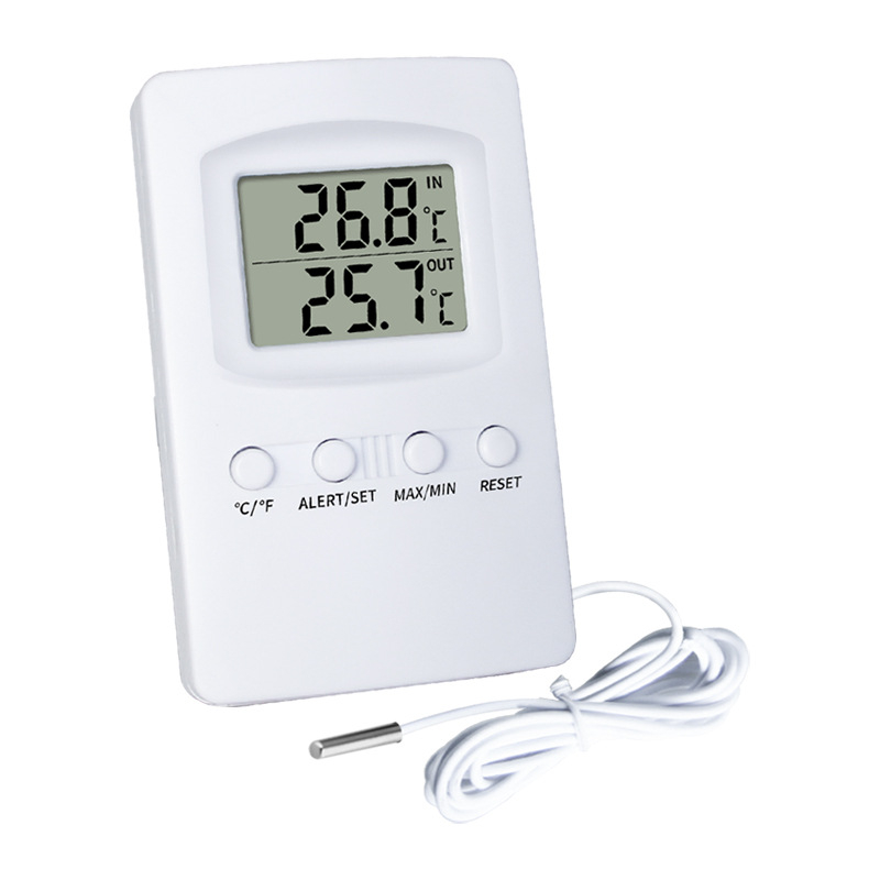 Unutarnji digitalni termometar za hladnjak s dvostrukim senzorima temperature — Rezolucija 0,1°C, uklјučena sonda, mogućnost prilagodbe obrade