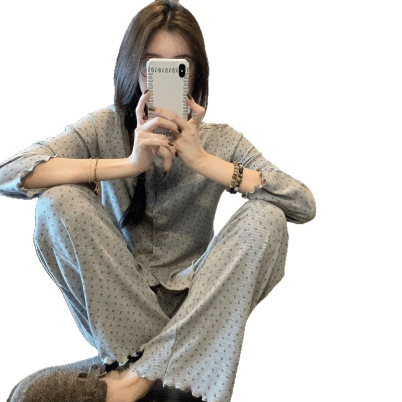 Ženski pidžama set - Ice Thread poliester, minimalistički kardigan stil, okrugli ovratnik, dugi rukavi, duge hlače