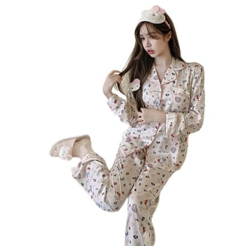 Set pijamale femei din ice silk – Bluza cu mânecă lungă și pantaloni, subțire și respirabil, guler rever, lansare toamnă 2025