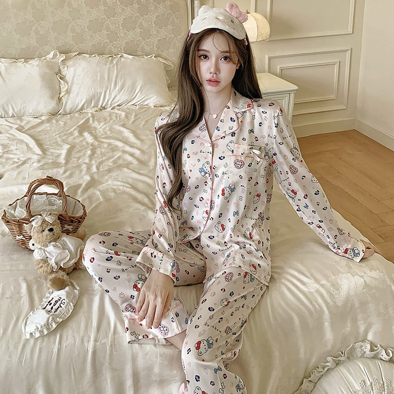 Set pijamale femei din ice silk – Bluza cu mânecă lungă și pantaloni, subțire și respirabil, guler rever, lansare toamnă 2025