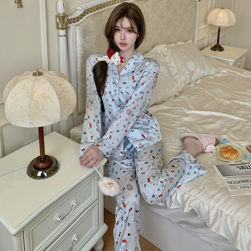 Set pijamale femei din ice silk – Bluza cu mânecă lungă și pantaloni, subțire și respirabil, guler rever, lansare toamnă 2025