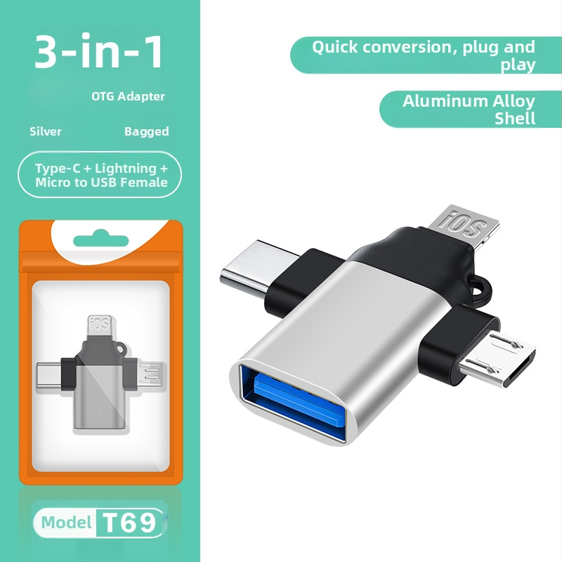 OTG конвертор три в едно за Apple Type-C устройства — модел T73-t69, марка Pinyue
