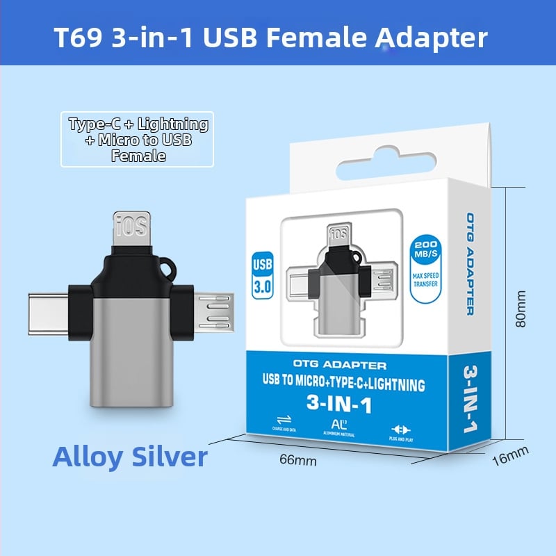 OTG конвертор три в едно за Apple Type-C устройства — модел T73-t69, марка Pinyue