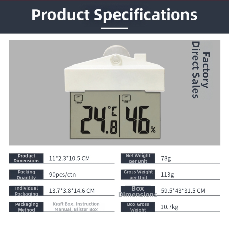 prozorski termometar i higrometar sa vakuumskim čašom, samoljepljiv, unutarnja i vanjska upotreba, rezolucija temperature 1 °C