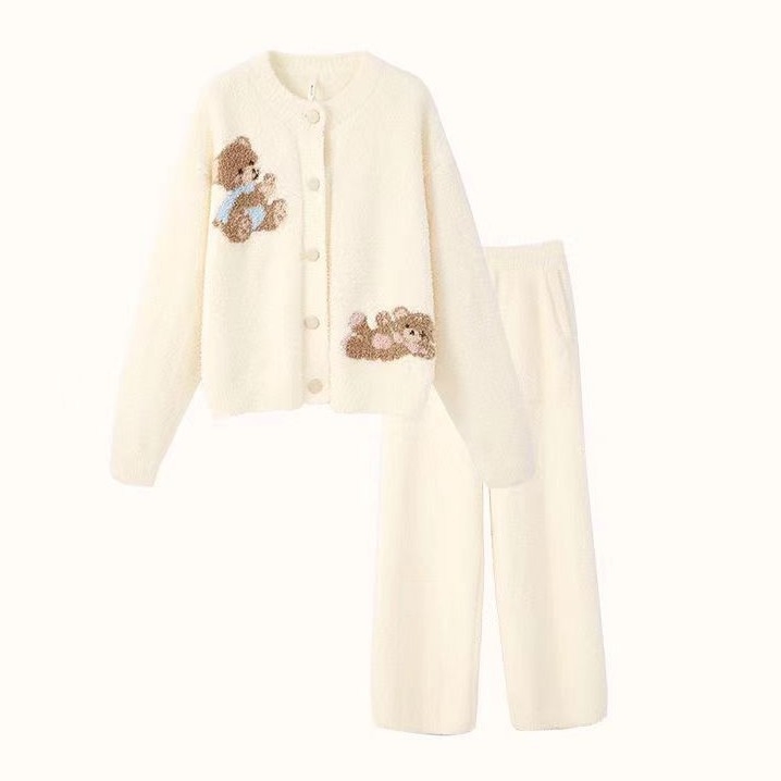 Ženski set kućne odjeće – dizajn medvjeda, polu-velur, 100% poliester, debeo, 251–300 g/m², okrugli ovratnik, dugi rukavi