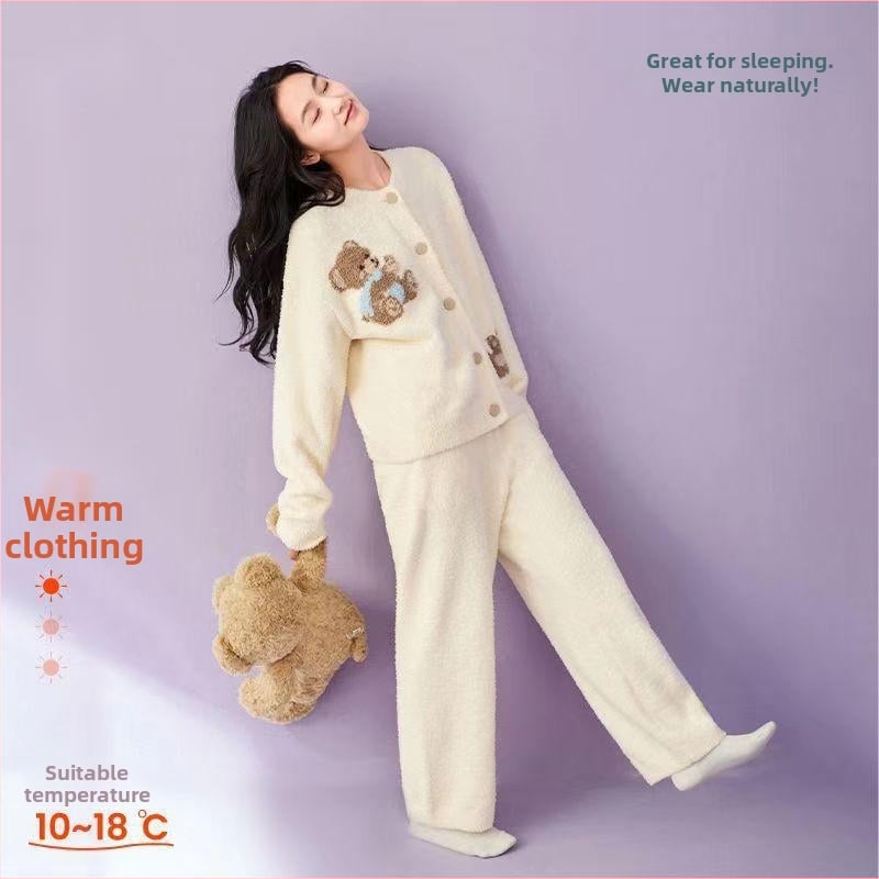 Ženski set kućne odjeće – dizajn medvjeda, polu-velur, 100% poliester, debeo, 251–300 g/m², okrugli ovratnik, dugi rukavi
