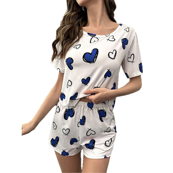 Női két darabos otthoni szett szív mintával – poliészter, kerek nyak, 3/4-es ujjak, rövidnadrág, kényelmes otthoni viselet