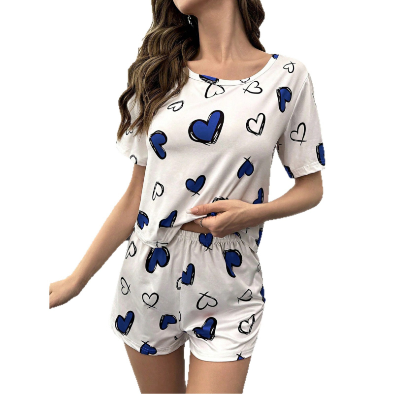 Női két darabos otthoni szett szív mintával – poliészter, kerek nyak, 3/4-es ujjak, rövidnadrág, kényelmes otthoni viselet