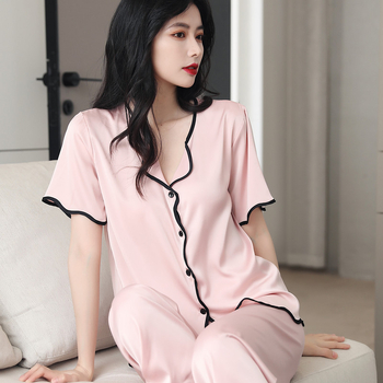Pajama set od simulirane svile, rever ovratnik, 3/4 rukavi, tanko platno, udobnost u svim sezonama