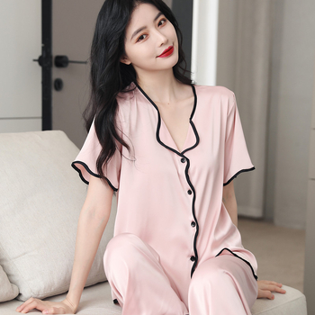 Pajama set od simulirane svile, rever ovratnik, 3/4 rukavi, tanko platno, udobnost u svim sezonama