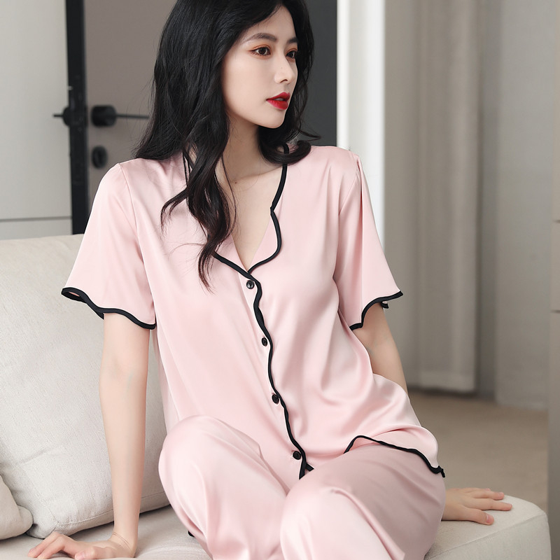 Pajama set od simulirane svile, rever ovratnik, 3/4 rukavi, tanko platno, udobnost u svim sezonama