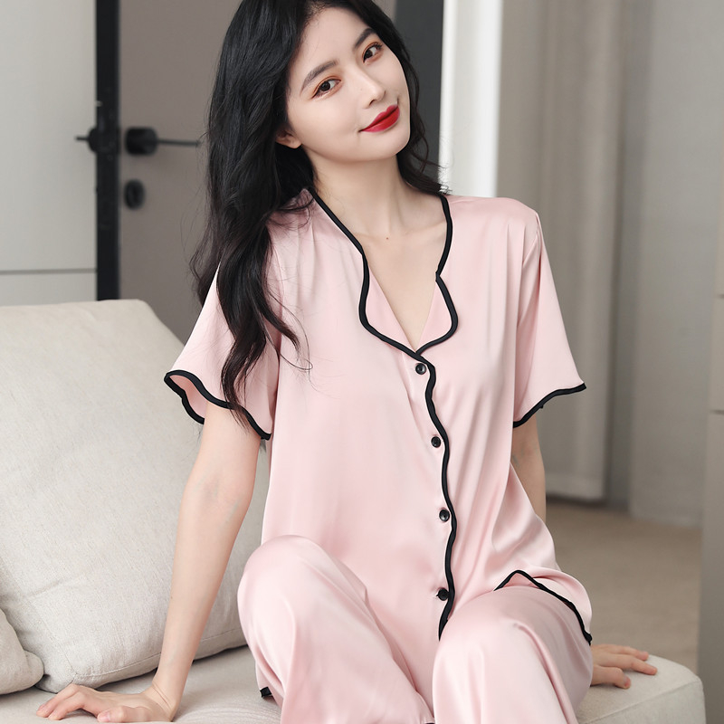 Pajama set od simulirane svile, rever ovratnik, 3/4 rukavi, tanko platno, udobnost u svim sezonama
