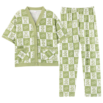 Pidžama set od pamuka, V-izrez, rukavi 3/4, duge hlače (tanka tkanina, 141-160 g/m²)