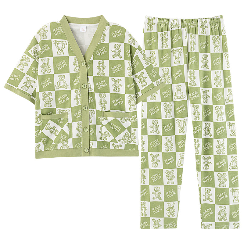 Pidžama set od pamuka, V-izrez, rukavi 3/4, duge hlače (tanka tkanina, 141-160 g/m²)