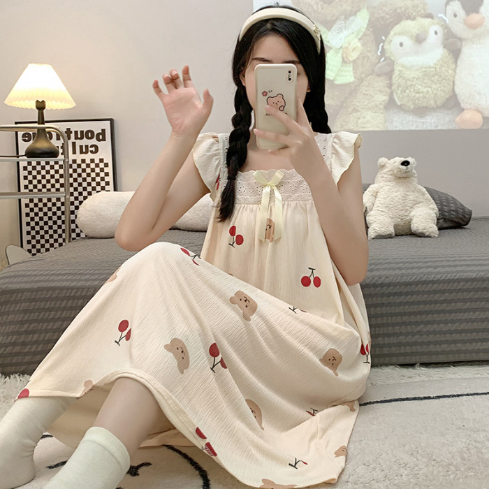 Noćna haljina za spavanje s bubble tkaninom, tanke naramenice, kvadratni ovratnik, poliester, srednja gustoća