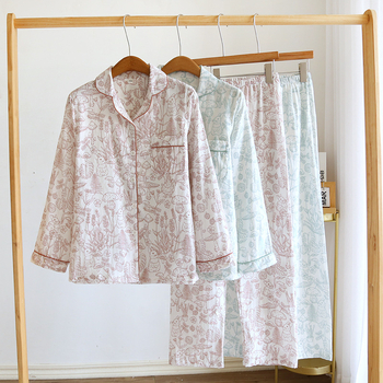 Pijamski set - čista pamučna gaža, tanka tkanina, dugi rukavi, dugi hlače, slobodan kroj, za kućnu upotrebu, proljeće